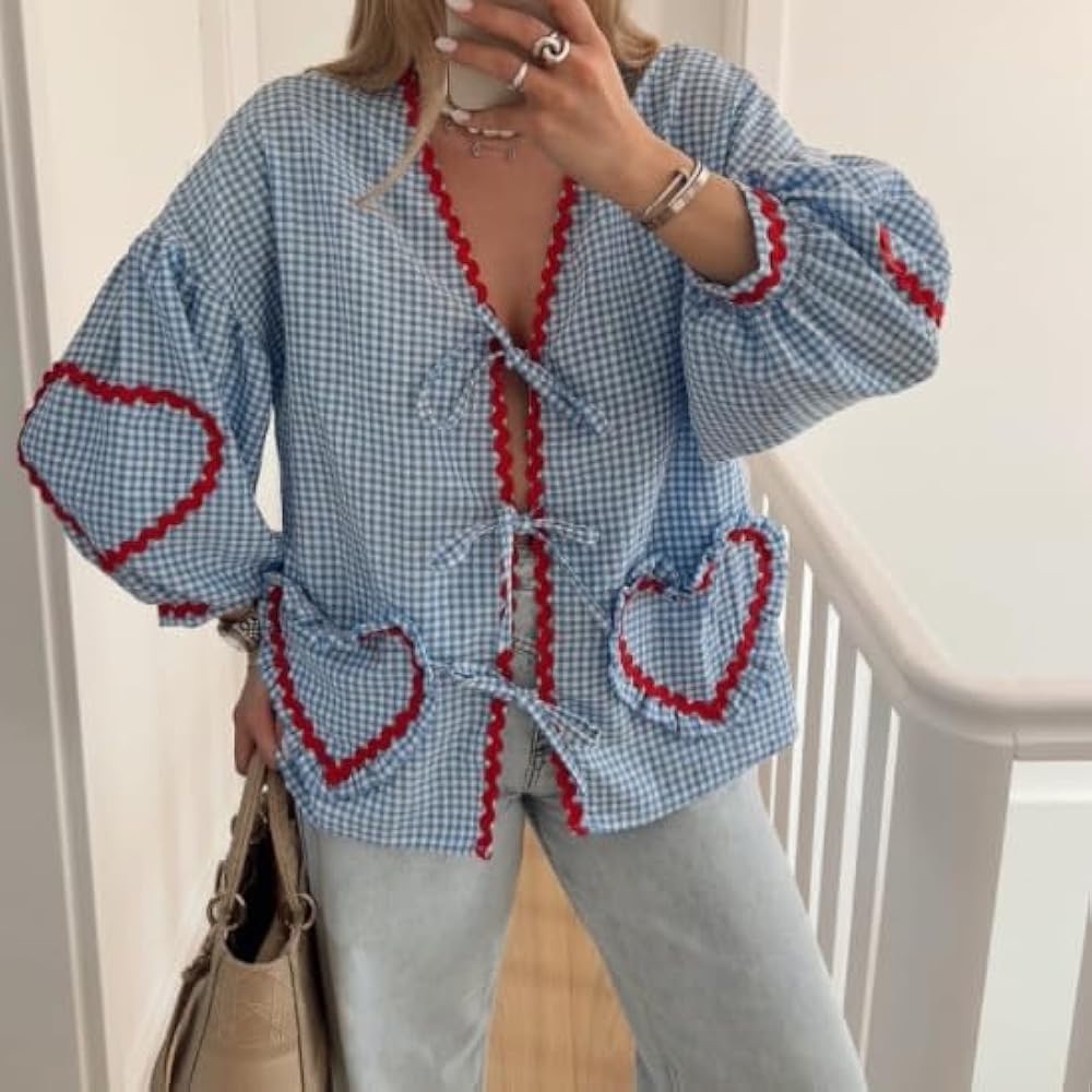 Blue Gingham Heart-Trimmed Women's Top
